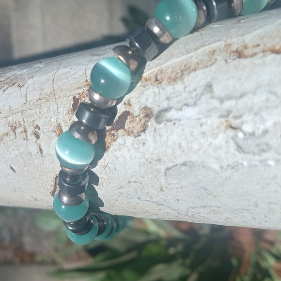 Sterling Silver Blue/Green Cat's Eye Hematite Beaded Vintage Necklace/Bracelet - Picture 10 of 11